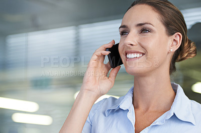 Buy stock photo Businesswoman, phone call and face or happy with conversation, networking and communication at company. Entrepreneur, person and smartphone or technology with smile, discussion or advice at office