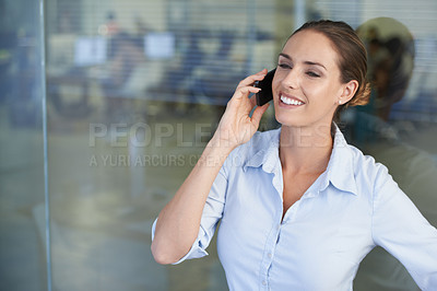 Buy stock photo Businesswoman, phone call and face or happy with discussion, networking and communication at company. Entrepreneur, person and smartphone or technology with smile, conversation or advice at office