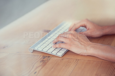 Buy stock photo Hands of person, keyboard and typing on desk for digital research, website blog and internet planning. Closeup, fingers and computer buttons for online network, email and desktop technology at table