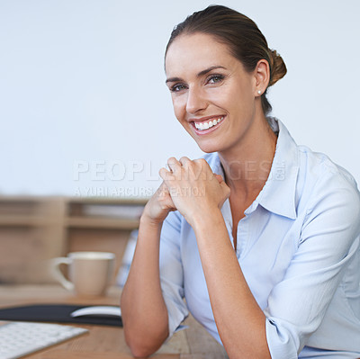 Buy stock photo Portrait of businesswoman at desk with smile, confidence and HR administration career in office. Happiness, pride and professional consulting manager with human resources job, face and opportunity.