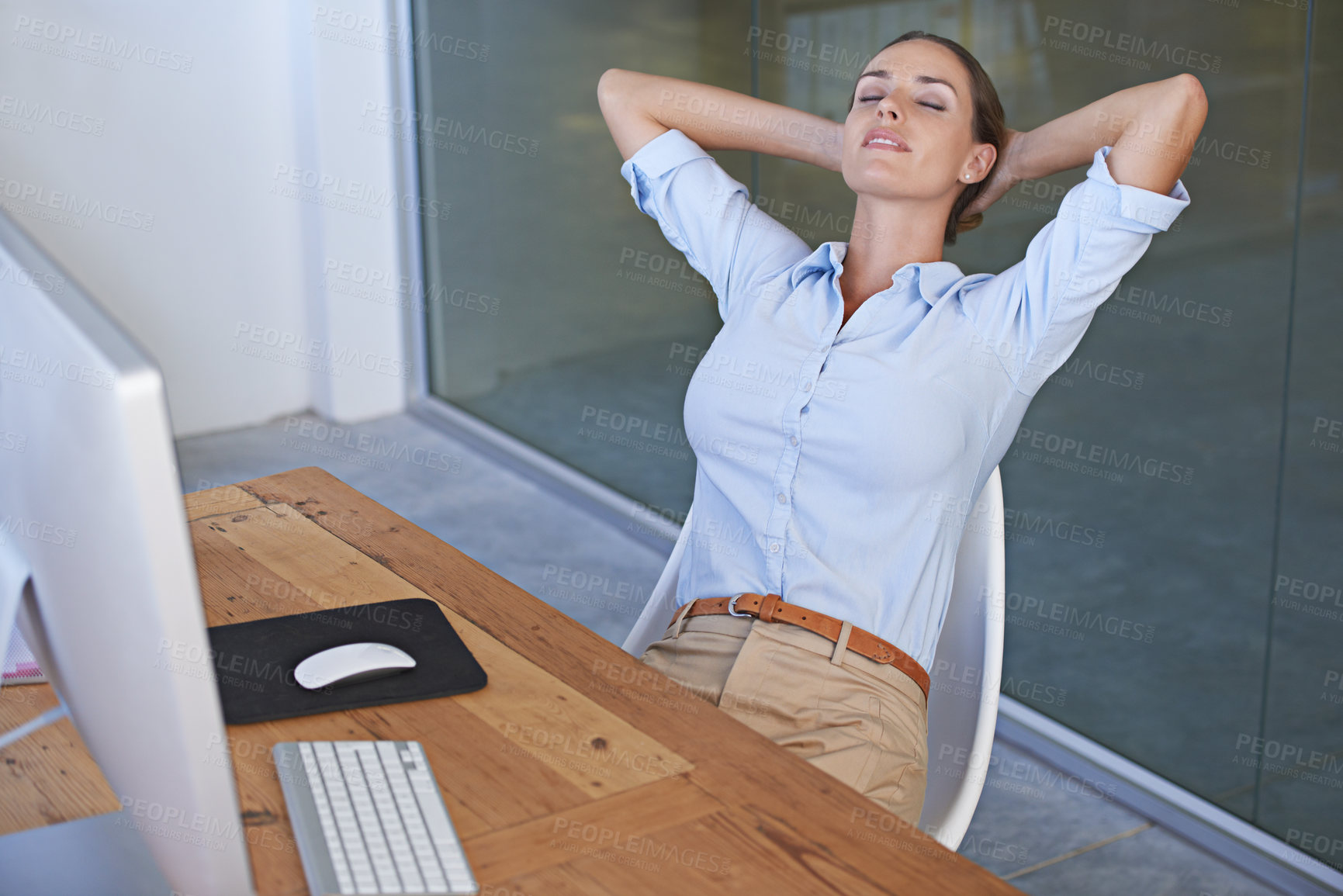 Buy stock photo Happy business woman, stretching and relax for easy break, deadline achievement and office desk. Female worker, hands behind head and eyes closed to finish goals, productivity or dream of inspiration