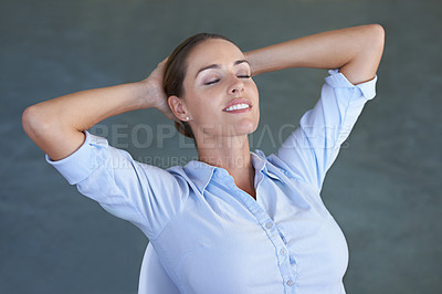 Buy stock photo Employee, office and resting for work, eyes closed and hands on head for relaxing, satisfied and female person. Woman, smiling and done with job, workplace and finished with company task and on break