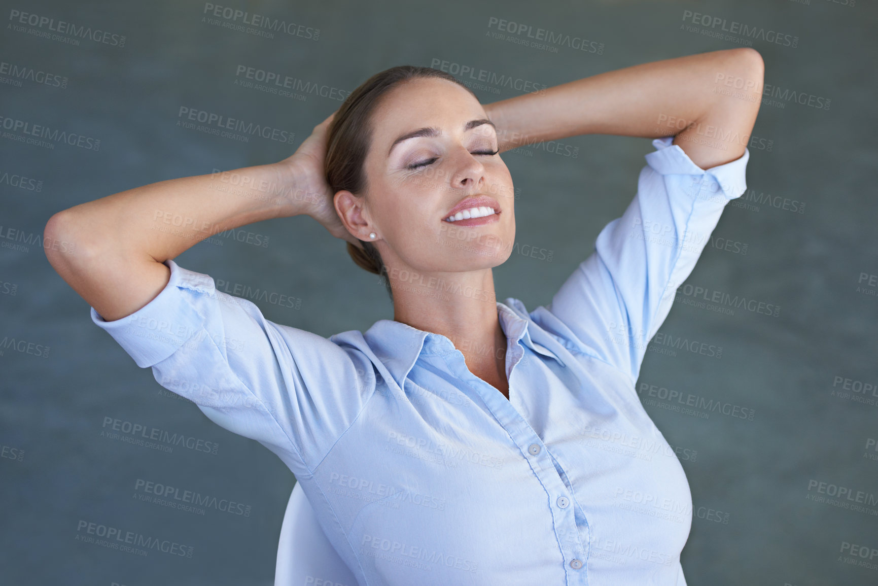 Buy stock photo Employee, office and resting for work, eyes closed and hands on head for relaxing, satisfied and female person. Woman, smiling and done with job, workplace and finished with company task and on break