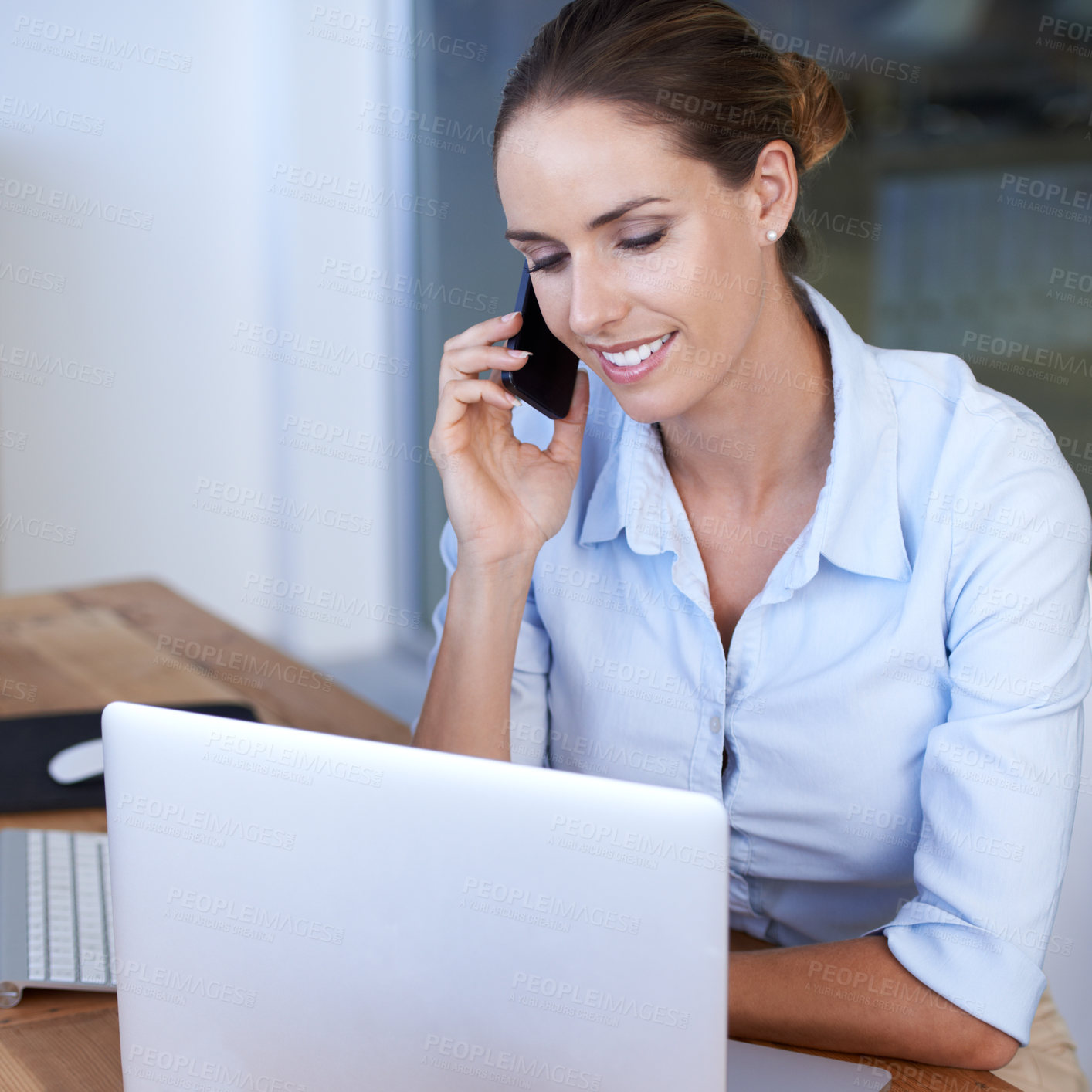Buy stock photo Phone call, woman and laptop for business consulting, planning and communication. Happy female worker, smartphone and mobile networking at computer for connection, digital contact and administration