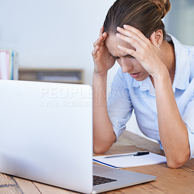 Buy stock photo Headache, stress and business woman at laptop in office with anxiety, tax crisis and technology problem. Tired, burnout and female worker at computer with fatigue, pain and frustrated mistake online