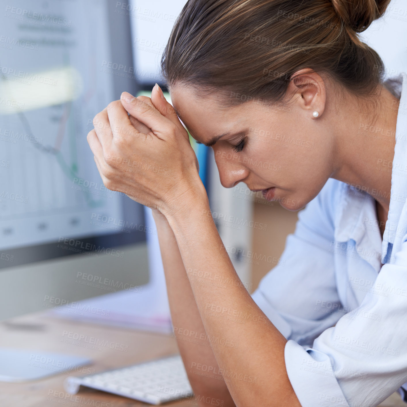 Buy stock photo Frustrated woman, computer and stress in office for bankruptcy risk, stock market crash and financial crisis. Worried female worker with anxiety, business debt and depression for poor economy problem