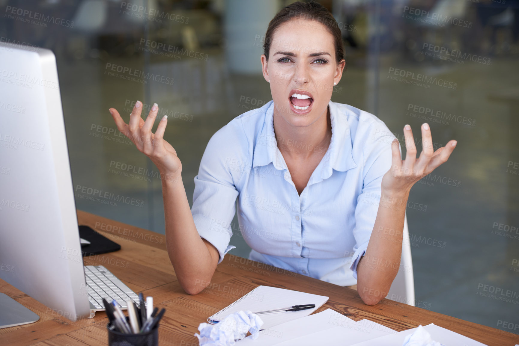 Buy stock photo Angry, portrait and business woman frustrated with accounting mistake, audit disaster or bad financial results. Finance paperwork, facial expression and bank accountant annoyed with account problem