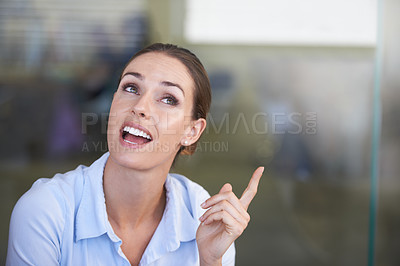 Buy stock photo Thinking, face and woman with business idea, hand gesture and point at mockup space for problem solving solution. Wonder, facial expression and employee with eureka symbol, aha moment or conclusion
