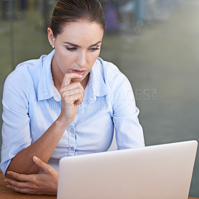 Buy stock photo Business, serious woman and thinking face at laptop for research ideas, planning solution and online decision. Focused female worker at computer for insight, reading email and review tech information