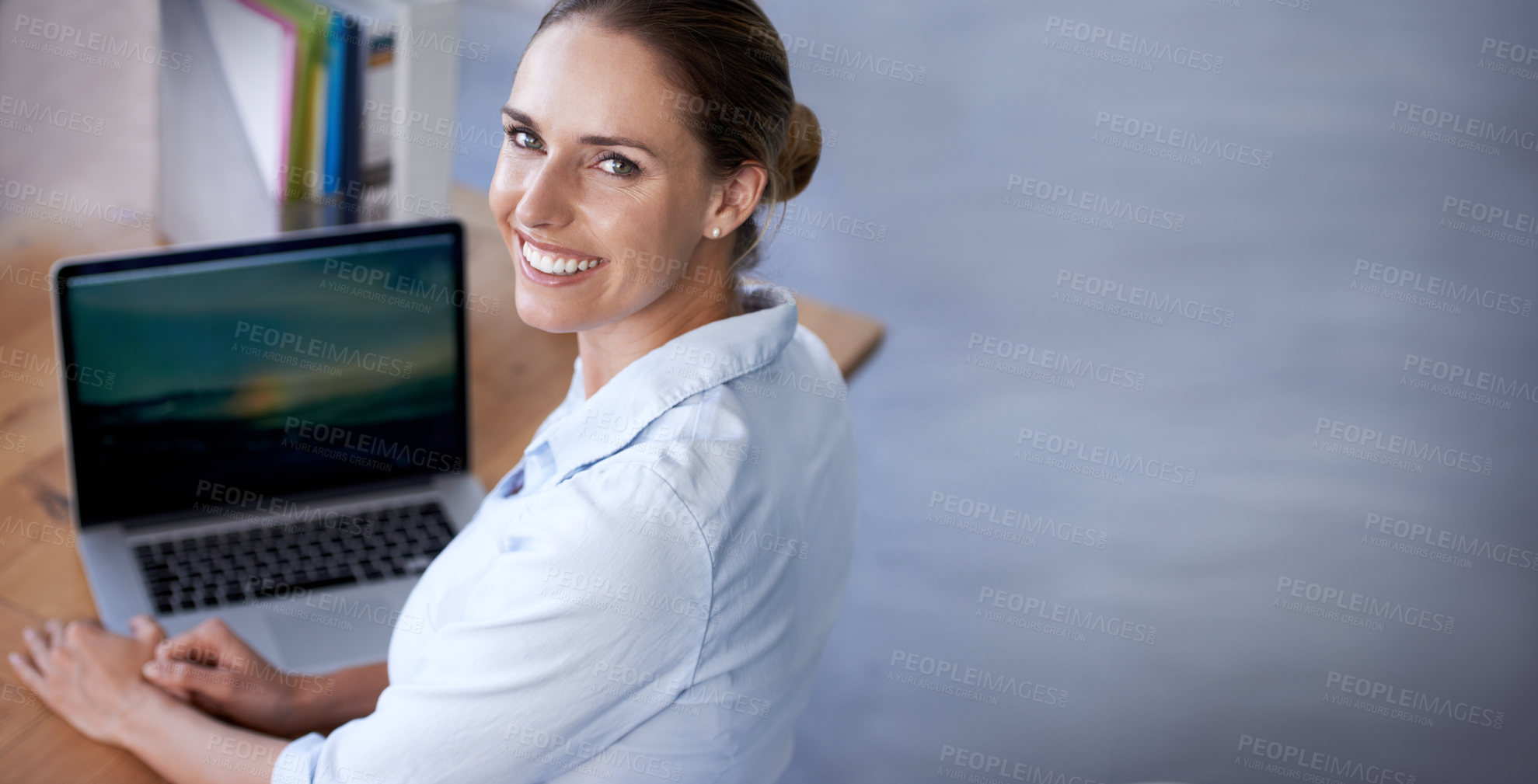 Buy stock photo Businesswoman, portrait and office with laptop, happiness and financial consultant. Accountant, mockup space and ready in workplace with technology, professional and female person on corporate worker