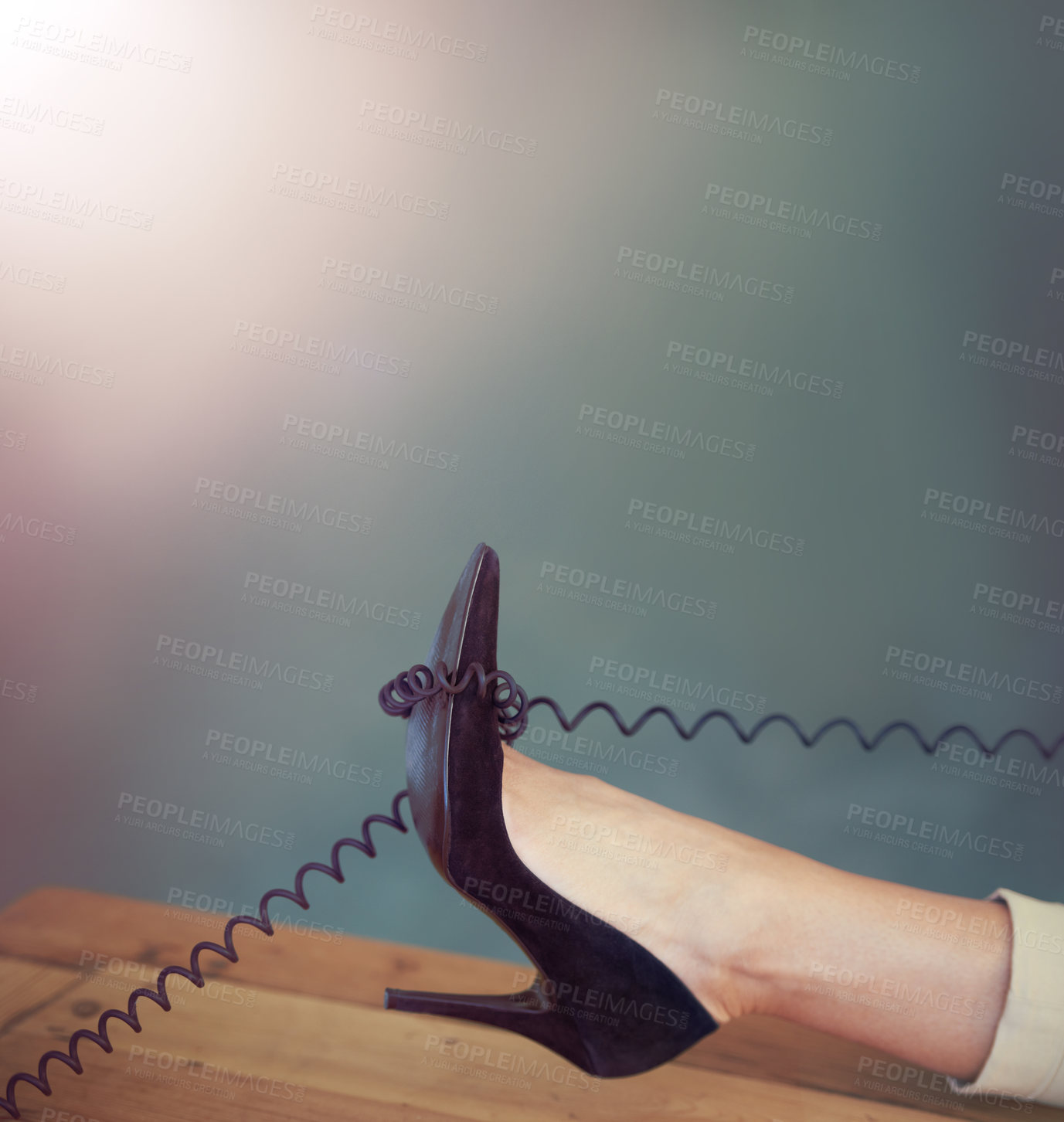 Buy stock photo Shoes, table or relax woman with telephone cable in office for networking, consultation or communication. Work break, easy or closeup high heel of agent feet with phone call, landline or mockup space