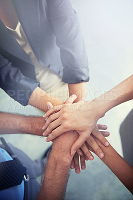 Buy stock photo Top view, hands and group of business people for support, solidarity and teamwork of success, agreement and trust. Hand, stack and cooperation of collaboration, mission and winning partnership goals