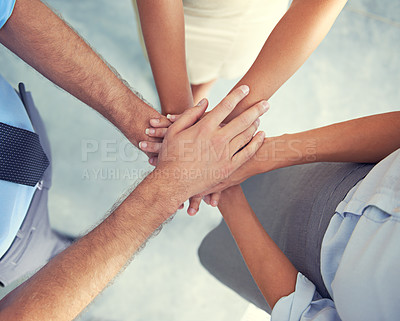 Buy stock photo Top view, hands and teamwork of business people for support, solidarity and winner of success, target and trust. Hand, stack and group cooperation in mission, winning goals and collaboration about us