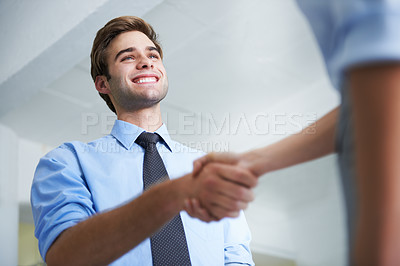 Buy stock photo Business man, handshake and happy deal for teamwork, thank you and sales agreement of partnership. Hiring, networking and shaking hands in collaboration, welcome and trust of recruitment opportunity