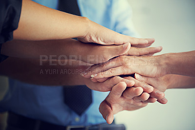 Buy stock photo Teamwork, closeup and hands of business people for motivation, support and winner of success, target growth and trust. Hand huddle, group and cooperation of mission, goals and celebration of synergy 