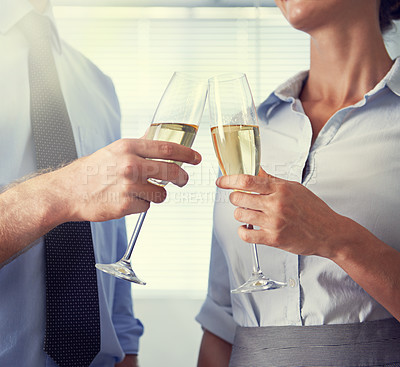 Buy stock photo Closeup of business people, champagne and toast for celebration, staff party and event. Hands of man, woman and employees cheers with wine, drinking alcohol and glass to celebrate winning teamwork 