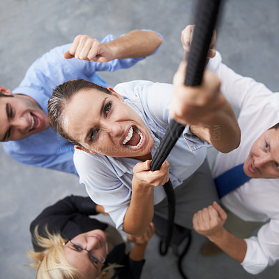 Buy stock photo Business people, face and woman climbing rope with effort, motivation and support cheers for employee progress development. Energy, top view and person scream with determination, power and commitment