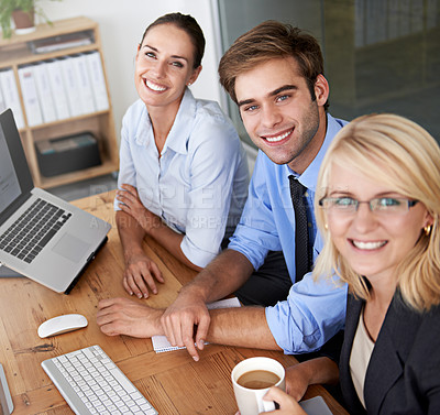 Buy stock photo Portrait, happy collaboration and business people at desk, computer and office planning with pride. Group of employees, desktop and teamwork in company for professional management, project and smile 
