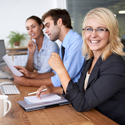 Buy stock photo Portrait of happy business woman in coworking space, confidence and career in market research office. Team leader, professional people and project manager at desk with smile on face at staff workshop