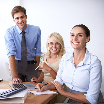 Buy stock photo Portrait of happy business people with teamwork, confidence and career in accounting office. Financial advisor, professional accountant research and finance project manager at desk with smile on face