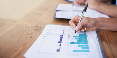 Buy stock photo Business hands, paperwork and writing with data analysis, graphs and charts for financial report and budget in office meeting. People with documents, revenue and statistics for profit or sales growth