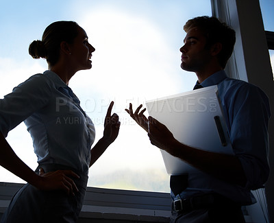 Buy stock photo Business people, problem and silhouette of manager discussion with employee over dispute conflict or mistake. Communication, window and workforce conversation on corporate crisis, disaster or fail 