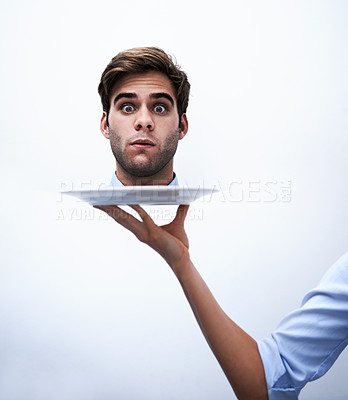 Buy stock photo Head, plate or portrait of business man punishment for company mistake, corporate crisis or fail. Studio dish, decapitated or hand serving shocked enemy after conflict for warning on white background
