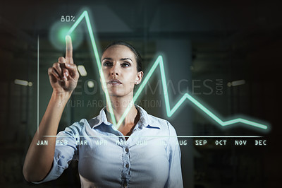 Buy stock photo Business woman, graph and finance with overlay, calendar and thinking with investment, growth or revenue. Person, stock market or economy with point at holographic chart for data analysis in night