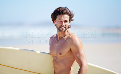 Buy stock photo Beach portrait, surfing and fitness man on sports holiday, vacation or getaway for nature wellness, sea break or hobby. Surfboard, activity and surfer on tropical island paradise, coast or shore