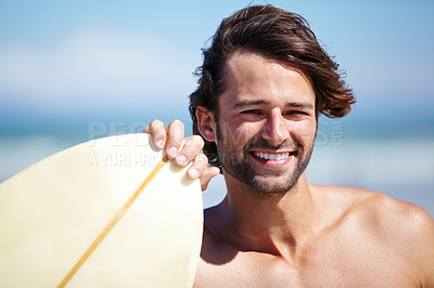 Buy stock photo Beach portrait, surfer and fitness man on sports holiday, vacation trip and smile for nature wellness, natural freedom or surf. Surfboard, happy athlete and face of surfer on tropical island paradise