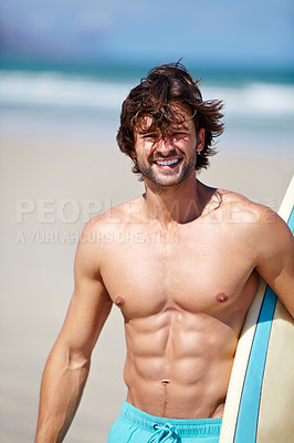 Buy stock photo Beach portrait, surf and strong man on sports holiday adventure, travel vacation or nature freedom for fresh air. Surfing training, fitness or summer athlete ready for surfboard trip, journey or swim