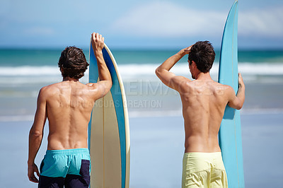Buy stock photo Beach friends, surfboard and sports people on holiday adventure, travel vacation or ready for hobby, activity or surfing. Nature, ocean sea waves or back of surfer, athlete or partner looking at view
