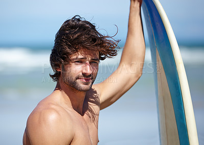 Buy stock photo Beach face, surfboard and sports man thinking of holiday, vacation or Spain getaway for surf training, practice or outdoor wellness. Summer break, sunshine and relax surfer looking at nature view