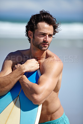 Buy stock photo Beach surfboard, sports man and thinking of ocean freedom, sea waves or Argentina surf training holiday. Summer break, sunshine or relax surfer looking at nature view, seashore or surfing destination