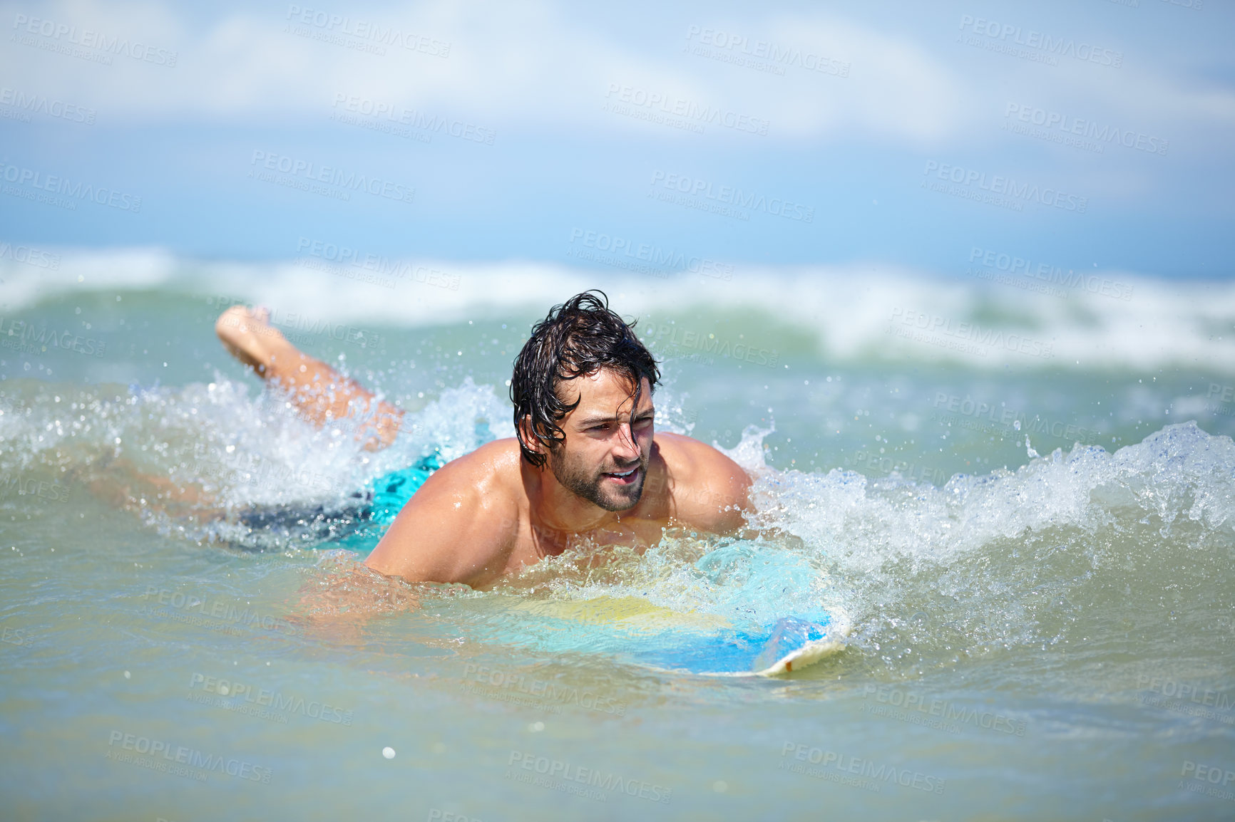 Buy stock photo Man, surfing and sea swimming with workout, training and waves with water sport and exercise outdoor of athlete. Surfer, freedom and vacation by the ocean and beach for summer wellness and fitness