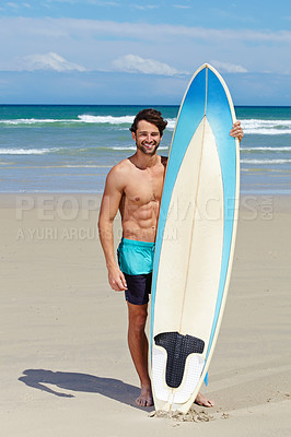 Buy stock photo Beach portrait, surfboard and sports man on holiday, vacation or Spain getaway for nature, freedom or natural outdoor wellness. Surfboard, summer and face of relax surfer on tropical island sand