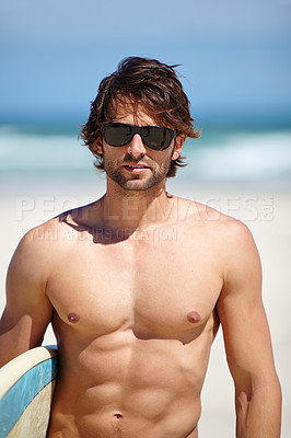 Buy stock photo Beach, glasses and sports man on surfing holiday, vacation or relax adventure for freedom, summer or sea travel. Athlete abs, strong abdomen muscle and cool surfer with sunglasses on tropical island