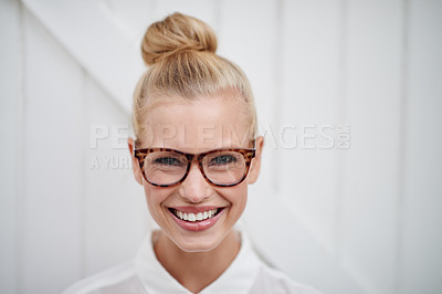 Buy stock photo Smile, glasses and student with portrait of woman on wall background for fashion, youth and casual. Happiness, care and style with young female person in outdoors for education, nerd and face