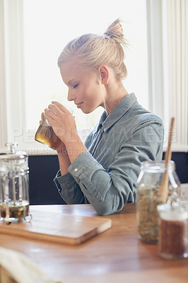 Buy stock photo Woman, herbal tea and relax or leaves in jar at home or healthy digestion or smell, drinking or calming. Female person, dry herbs and kitchen with jasmine or plant for ingredients, brewing or aroma