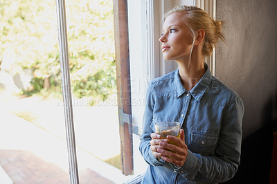 Buy stock photo Thinking, calm and woman with tea in a house for peaceful, reflection or moment at home. Remember, nostalgic and female person with drink, memory or enjoying me time, day off or weekend in apartment
