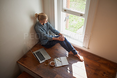 Buy stock photo Woman, laptop and elearning, thinking of ideas and study or research for project with top view. Education, academic online course for university and student at window, insight or inspiration at home