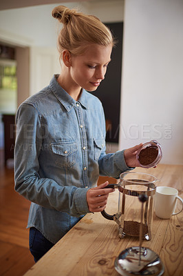 Buy stock photo Woman, coffee and french press in kitchen or prepare with plunger for morning beverage, caffeine or drinking. Female person, counter and breakfast equipment with mug for espresso, cappuccino or home