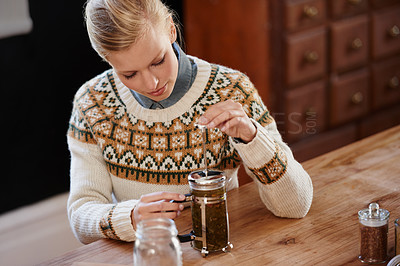 Buy stock photo Woman, thinking and herbal tea to relax in home and warm beverage of herbs mixture for health. Above, herbalist and creative idea for dry leaves in plunger and wellness for detox drink in mason jar