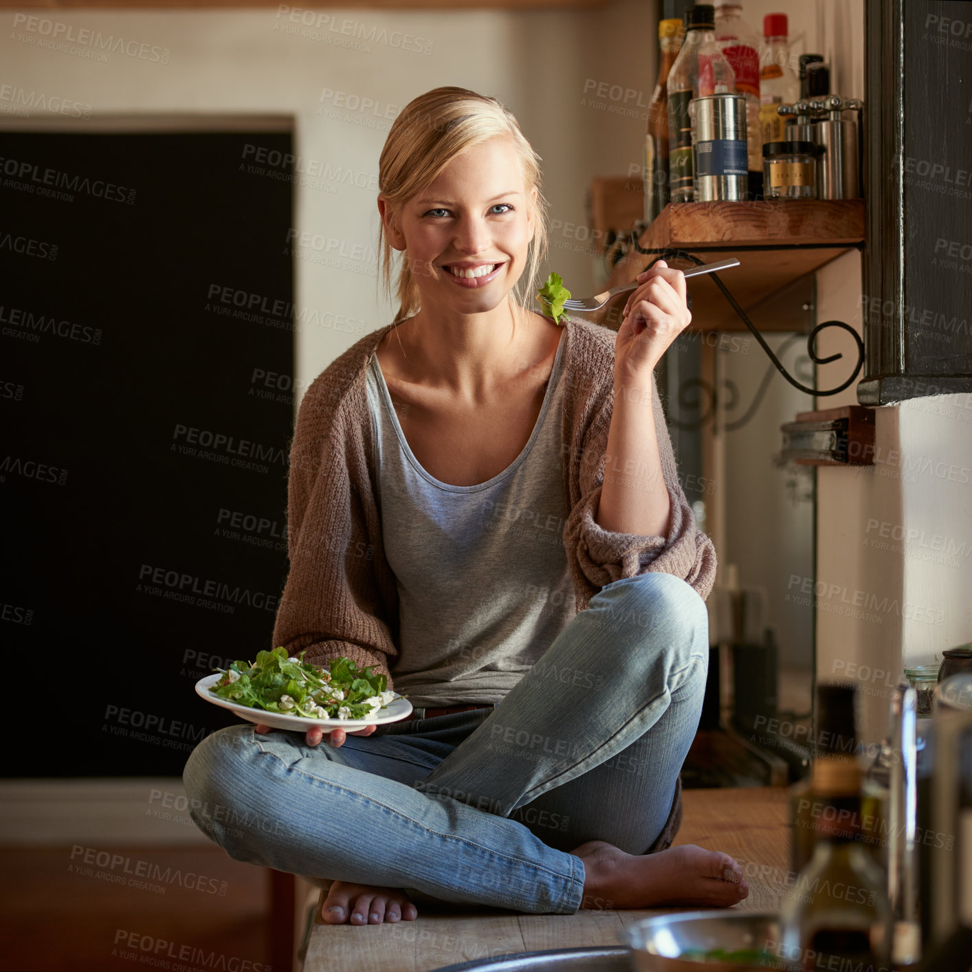 Buy stock photo Woman, kitchen and diet with smile, portrait and home for nutrition, vegetables and salad. Designer, house and lunch for health, wellness and relaxation and closeup for wellbeing, rest and happiness