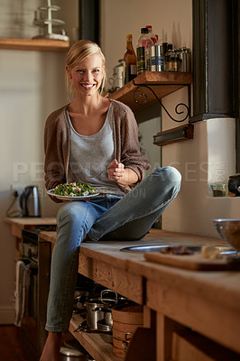 Buy stock photo Woman, kitchen and salad with smile, portrait and home for nutrition, vegetables and diet. Designer, house and lunch for health, wellness and relaxation and break for wellbeing, rest and happiness