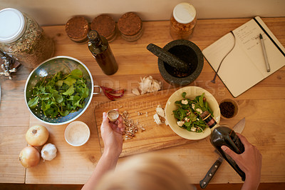 Buy stock photo Person, hands and sauce for salad with chef, wellness and health in a home from above. Vegan, wood board and cooking with diet food in a kitchen with vegetable ingredients for healthy lunch recipe