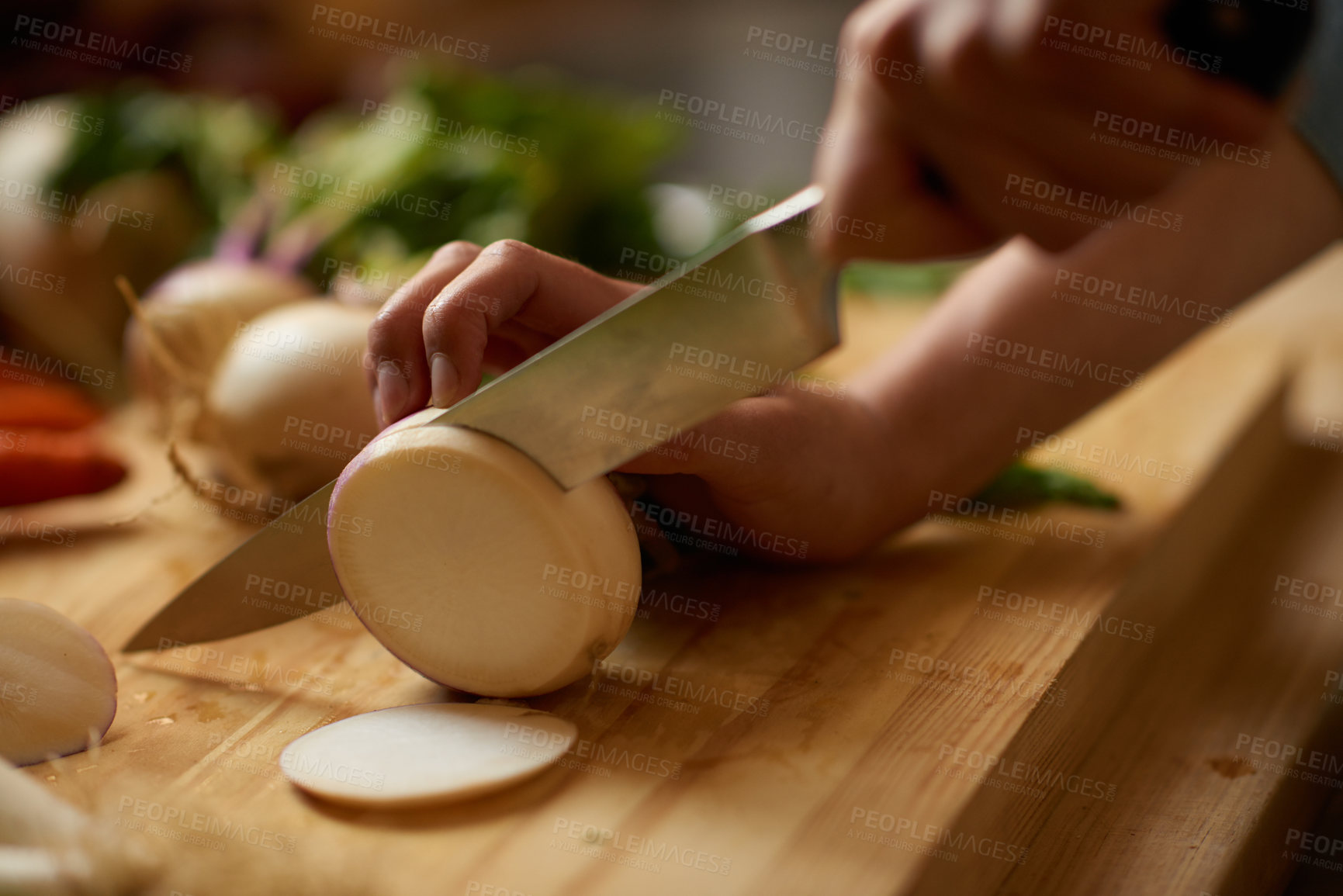 Buy stock photo Person, hands and turnip chop for salad with knife, wellness and health in a home for nutrition. Vegan, wood board and cooking with diet food in a kitchen with vegetable ingredients for lunch recipe