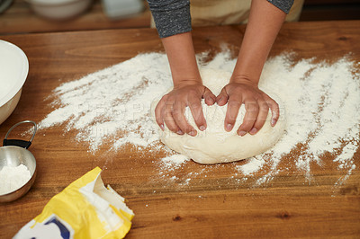 Buy stock photo Hands, dough and flour on table at bakery, bread or pizza with meal prep, catering and cooking. Culinary experience, chef or baker person with pastry preparation, ingredients and food for nutrition