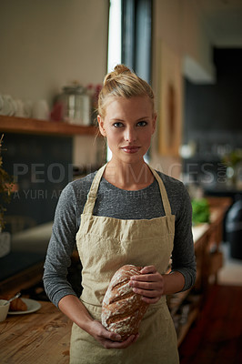 Buy stock photo Bakery, kitchen and portrait of woman with bread, cooking gluten free food and healthy breakfast. Fresh, loaf and chef in restaurant with rye or sourdough after preparation process of brunch or lunch