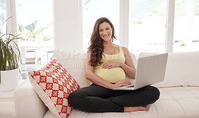 Buy stock photo Portrait of a young pregnant woman working on her laptop at home